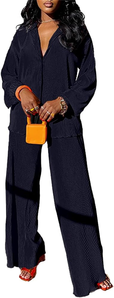 Hafailia Womens Two Piece Outfits Casual Pleated Long Sleeve Button Down Shirts and Wide Leg Pant... | Amazon (US)