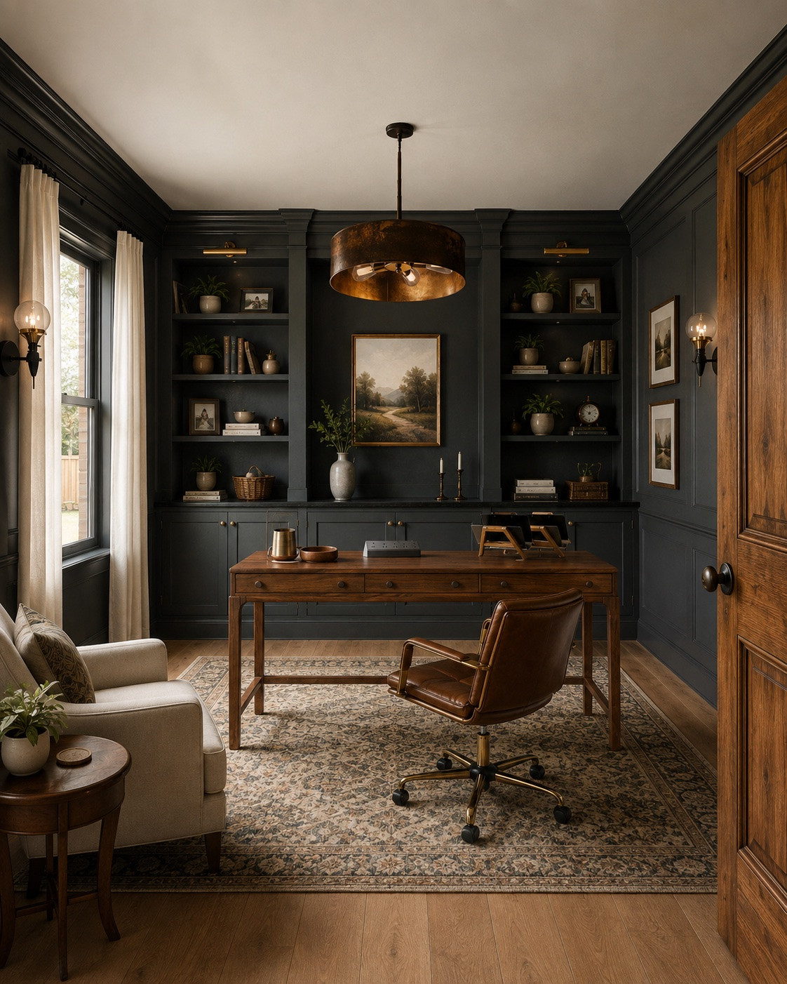 Dark paint colors have a way of making a room feel surprisingly calm when they're balanced with enough warmth.

This 3D rendering of one of my room designs pairs deep charcoal built-ins with warm walnut furniture, aged brass lighting, creamy linen curtains, vintage-inspired textiles, and collected accessories so the room feels cozy instead of heavy. Every material works together to soften the darker walls while still giving the office plenty of character.

Swipe to see my original design to see how this room came to life after being rendered.

I've linked everything from my original design below if you're looking to recreate this look in your own home.

✨ Save this for the next time you're planning a home office.

#LTKHome