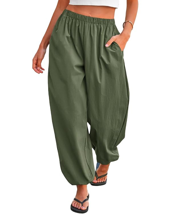 Tankaneo Womens Balloon Pants Trendy Casual Elastic Waist Wide Leg Harem Pants Baggy Pleated Lant... | Amazon (US)