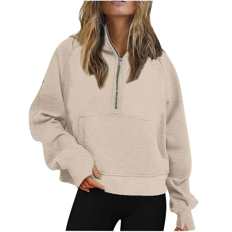 LONGZUVS Women Tops in Clearance Thumb Sleeve Half Zip Short Sweatshirt Hooded Fleece Women's Qua... | Walmart (US)