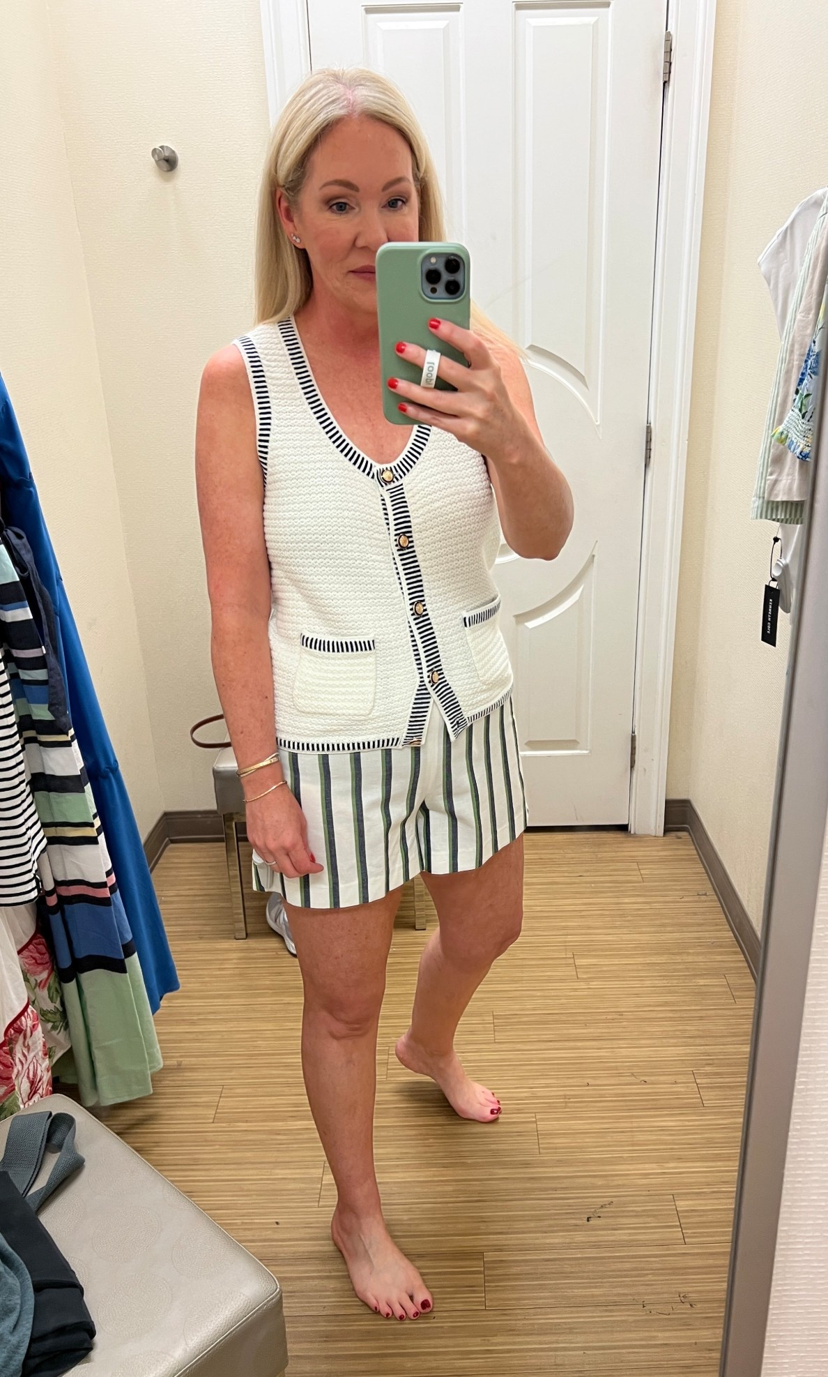 Contrast trim vest with striped linen blend shorts summer outfit. 
Vest S
Shorts size up

#LTKFindsUnder50 #LTKOver40 #LTKSaleAlert