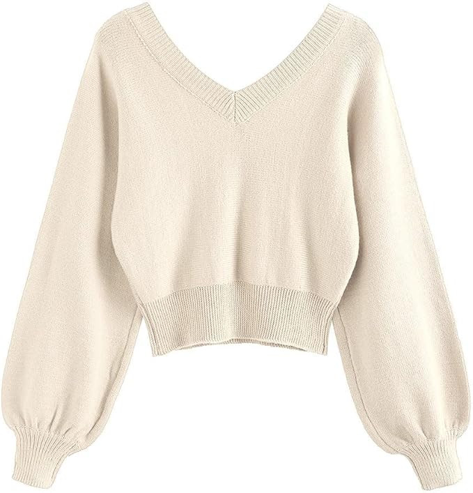 ZAFUL Women's Cropped Sweater V-Neck Long Sleeve Crop Sweater Pullover Jumper Knit Top | Amazon (US)