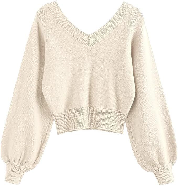 Amazon.com: ZAFUL Women's Cropped Sweater V-Neck Long Sleeve Crop Sweater Pullover Jumper Knit To... | Amazon (US)
