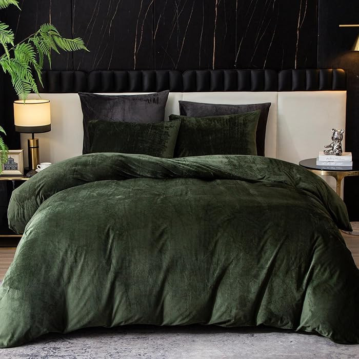 Ivellow Velvet Duvet Cover Queen Set Dark Green Comforter Cover 3Pcs Ultra Soft Cover Breathable ... | Amazon (US)