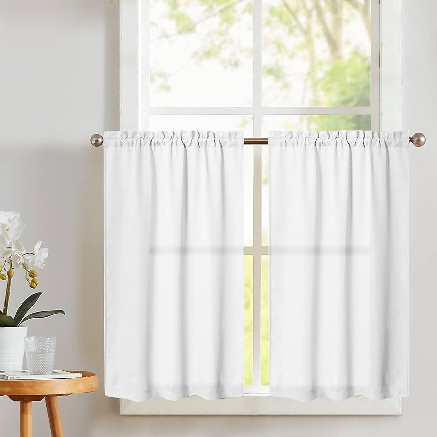 Vangao White Kitchen Curtains 24 Inch Tier Curtains Weave Textured Cafe Curtains for Bathroom Far... | Amazon (US)