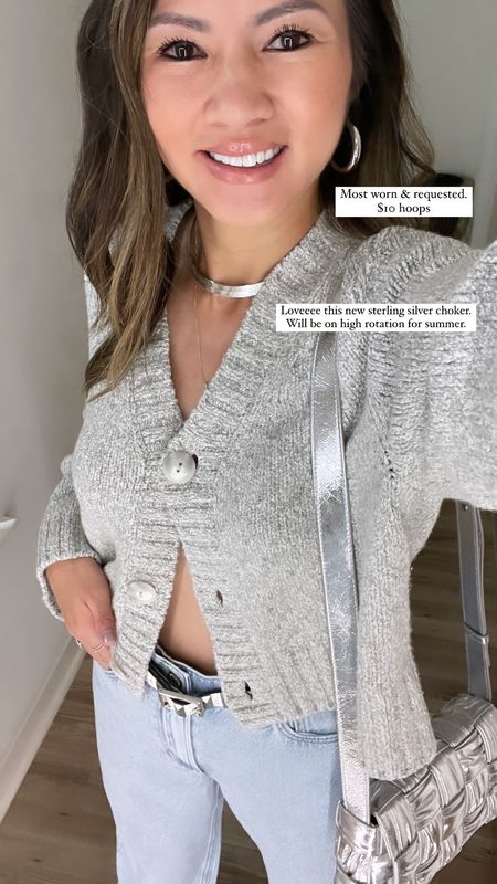 Casual spring/summer outfit inspo 🩶 It’s all in the details! ✨ Accessories are the easiest way to elevate an outfit. I love layering on all the things—earrings, necklaces, rings, belt, bag. These Amazon hoops are my most worn and requested earrings—under $15! Love this new sterling silver choker that will be on high rotation for summer. New limited edition drop and under $150–will be a forever classic! Would make a lovely gift for her. Layered her with a longer necklace (one of my favorite personalized necklace from MYKA with my dogs names on it). 

What I wore running errands. I’ve been loving cardigans as tops and only buttoning one or two buttons on it. Effortless chic vibe for cooler days when it’s not too warm yet. Love these wide legged jeans and wash for spring/summer. 

Spring outfit, summer outfit, casual outfit, running errands outfit, cardigan, jeans, wide legged jeans, silver necklace, silver jewelry, hoops, earrings, belt, Abercrombie, under $100, gift ideas for her, gift guide, The Stylizt 


#LTKGiftGuide #LTKFindsUnder100 #LTKStyleTip