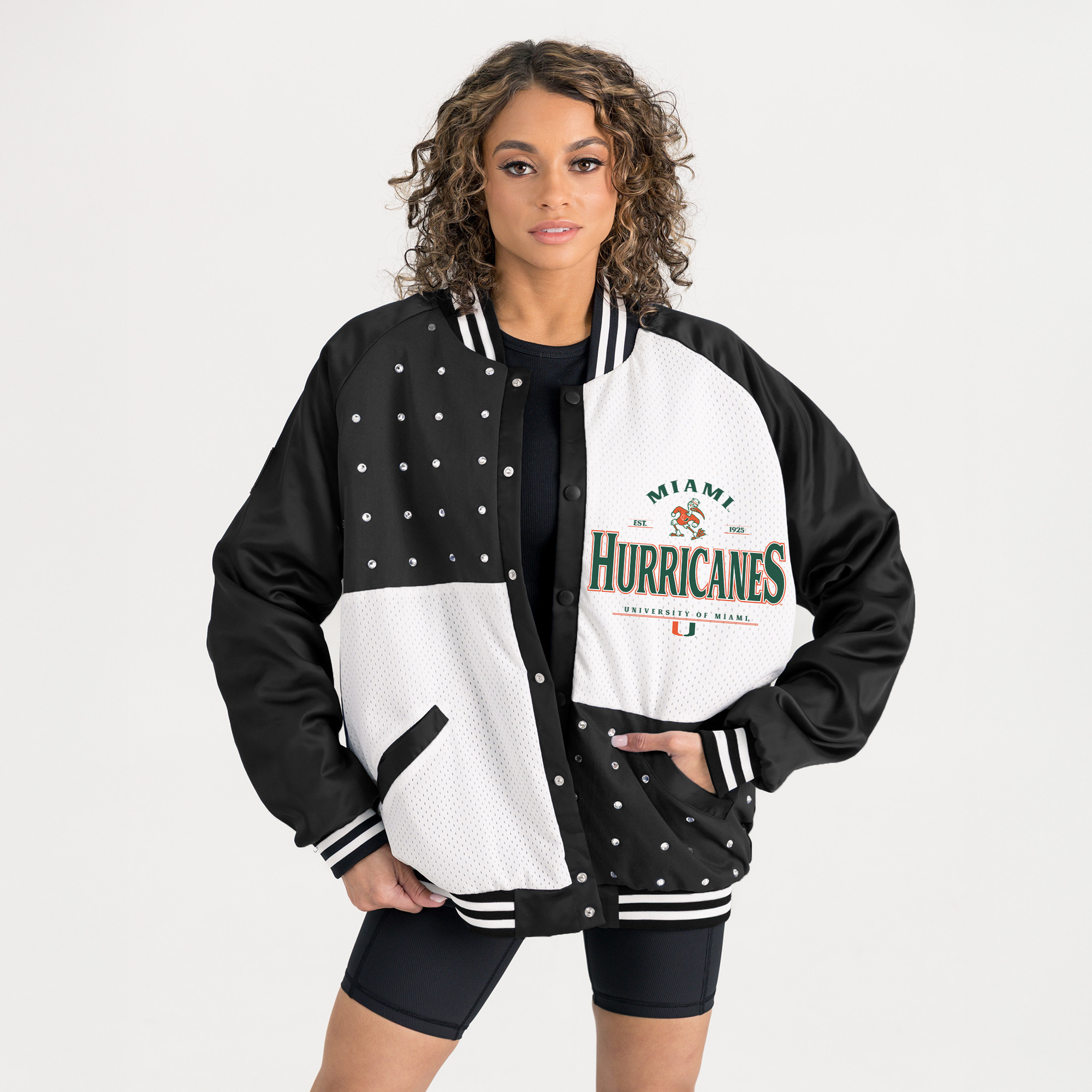 Women's Gameday Couture Black Miami Hurricanes Oversized Inner Drive Varsity Rhinestone Full-Snap Bomber Jacket | Fanatics