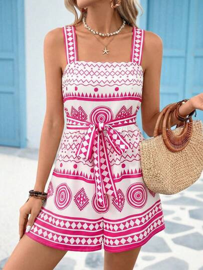 Vivid Eden Women's Vacation Geometric Print Tie Waist Pocket Jumpsuit,Vacation,Vacation Style,Hol... | SHEIN