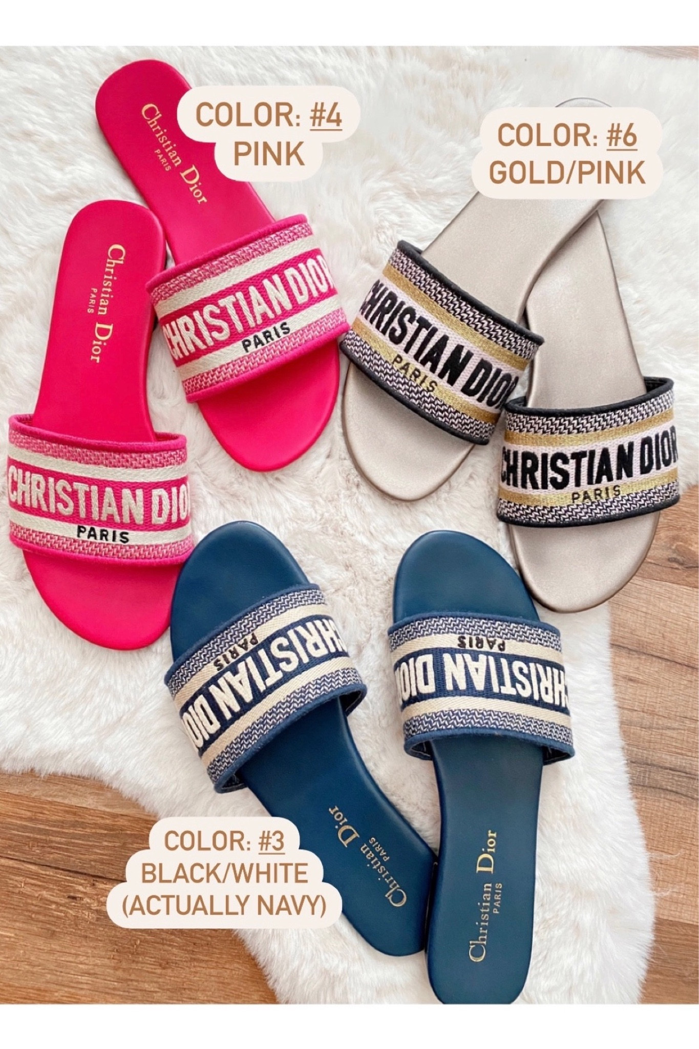 Christian Dior Dway Slide Sandal 💗 Look for less! Runs TTS! P.S. they take 2-4 weeks to arrive! 

➡️Colors: #6 gold pink (ones I wear the most)
#4 pink 
#3 black/white which is actually navy/white 

➡️Sizing: I’m between a 7/7.5 (I prefer my foot to be closer to the edge of a shoe). Ordered size US7/38 which honestly fit fine, but I re-ordered size US8/39 in a few other colors! I would go with your bigger of your two sizes but don’t size up from your normal size! (Definitely don’t size up 2 sizes like the seller suggests)

Sandals, Christian Dior Dway Sandals, Under $50, Mother’s Day, Vacation Style, designer sandals 

#LTKstyletip #LTKsalealert #LTKshoecrush