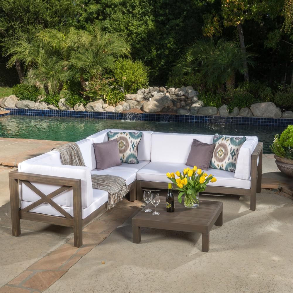Noble House Brava Gray 4-Piece Wood Outdoor Sectional Set with White Cushions 55324 - The Home De... | The Home Depot