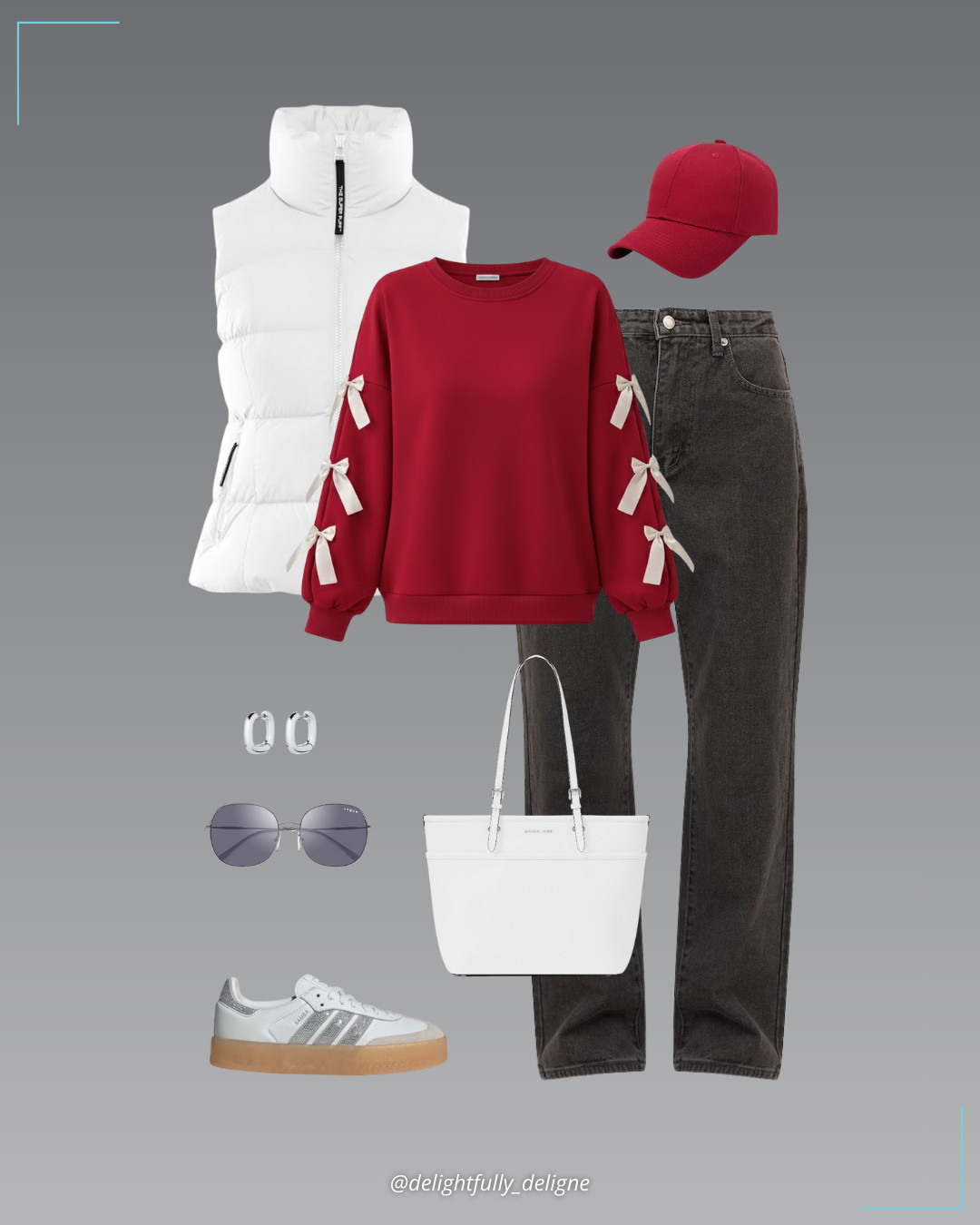 Casual Valentine Vibes ❤️🤍 High-waist straight-leg jeans, long-sleeve pullover sweatshirt with ribbon bow tie, Sambae W shoes, The SuperSnug Puff™ vest, large leather zip-top tote bag, baseball cap, square silver sunglasses & Charlie huggie earrings. 

 #LTKgrwm #LTKootd #LTKOver40