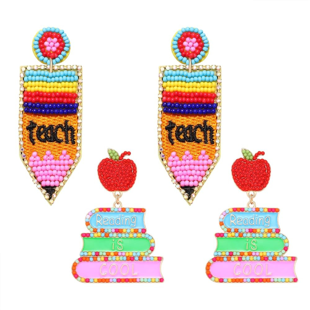 MOLOCH 2 Pairs Beaded Teacher Pencil Earrings Reading is Cool Apple Book Dangling Earrings Back T... | Amazon (US)