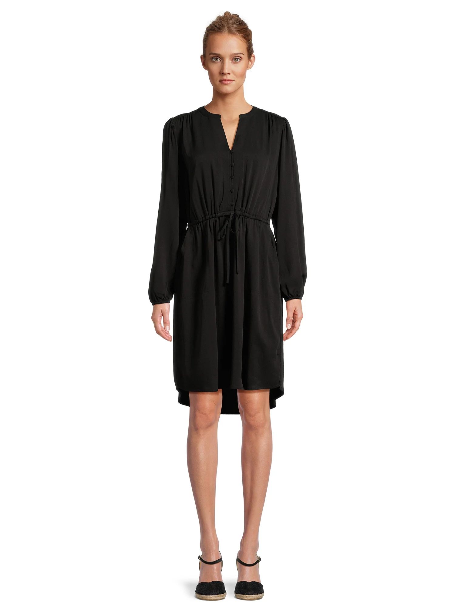 Time and Tru Women's Button Front Drawstring Waist Dress with Long Sleeves, Sizes XS-3XL | Walmart (US)