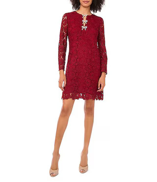 CeCe Lace V-Neck Long Sleeve Embellished Bow Dress | Dillard's | Dillard's