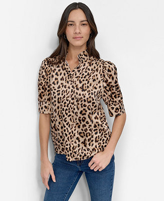 Petite Satin Puff-Sleeve Button-Front Shirt | Macy's