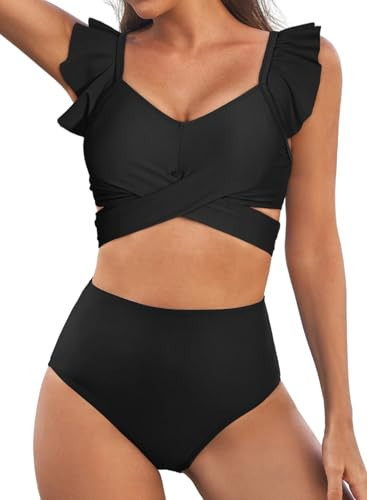 Aleumdr High Waisted Bikini Sets for Women Ruffle Two Piece Swimsuits Crisscross Bathing Suits Womens Swim Suit 2024 Swimwear Black X-Large | Amazon (US)