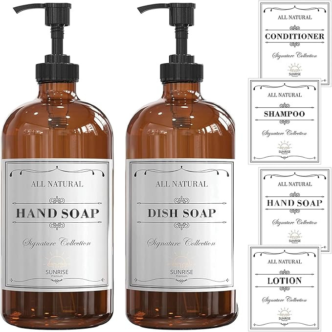 16 OZ Amber Glass Soap Dispenser with Plastic Pump 2 Pack, Hand and Dish Soap Dispenser Set for B... | Amazon (US)