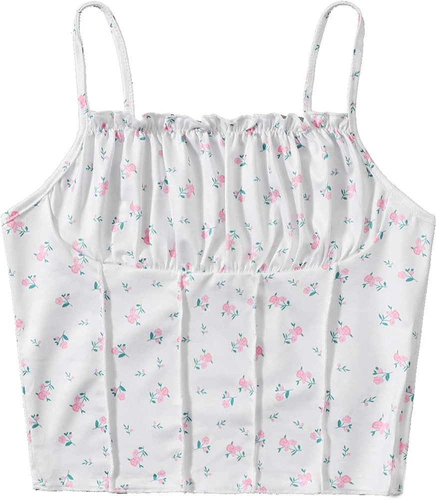 SweatyRocks Women's Ruched Frill Trim Spaghetti Strap Crop Cami Tank Tops Camisole | Amazon (US)