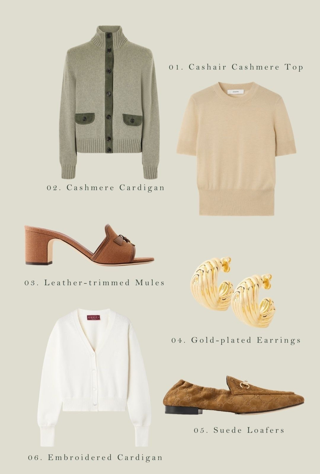 My luxury wardrobe wishlist from Net A Porter 🤍 Gucci, Joseph, Loro Piana. Spring wardrobe staples, knitwear, mules, gold accessories. 

#LTKFashionMonth #LTKluxury #LTKspring