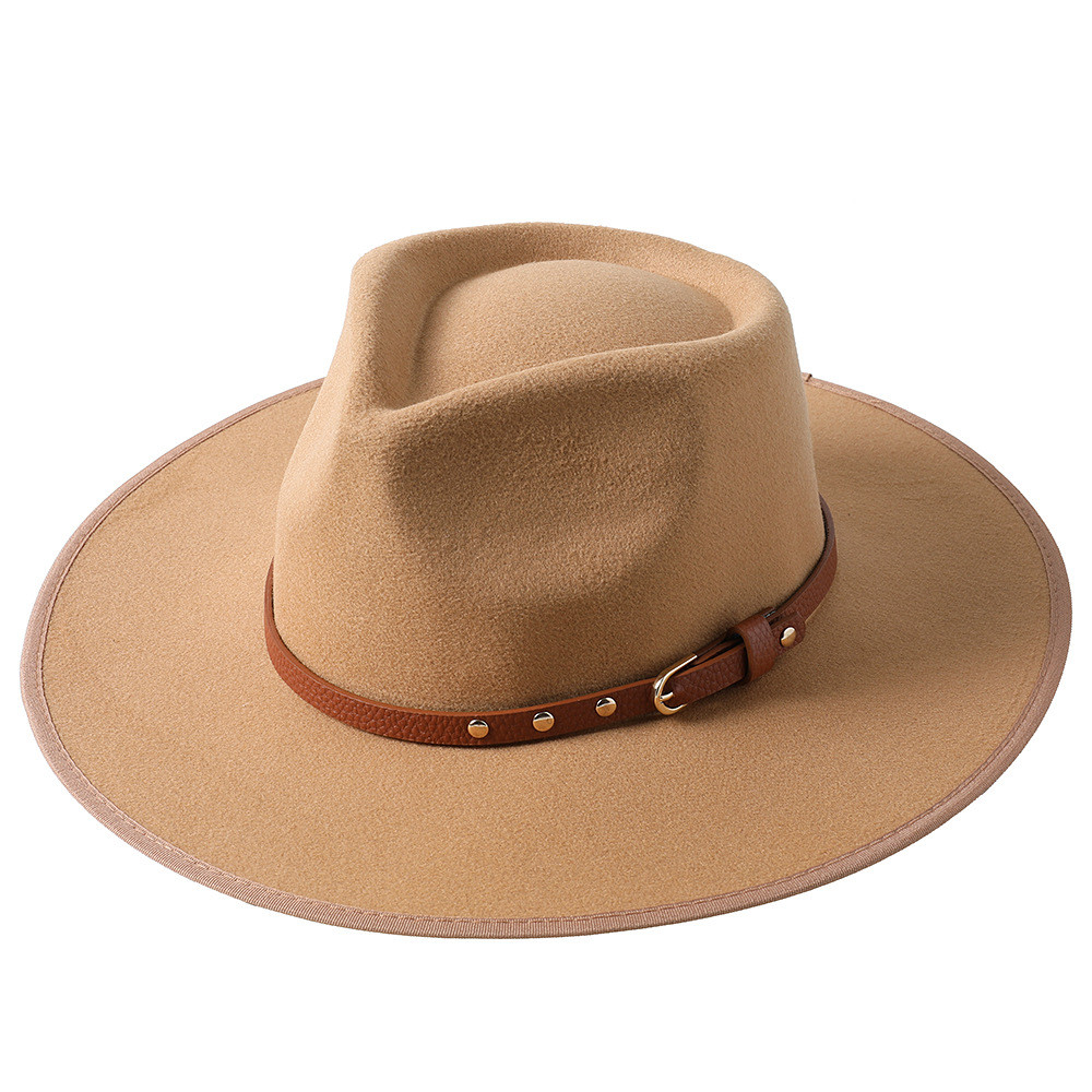 esafio Women Lady Elegant Wide Brim Hat Warm Wool Fedora Hat with Belt Buckle,Khaki - Walmart.com | Walmart (US)