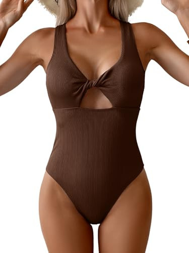 Aidonger Women's Swimsuit Ribbed Tummy Control One Piece Bathing Suit Twist V Neck Swimwear Metal Buckle Backless Swim Suit Brown | Amazon (US)