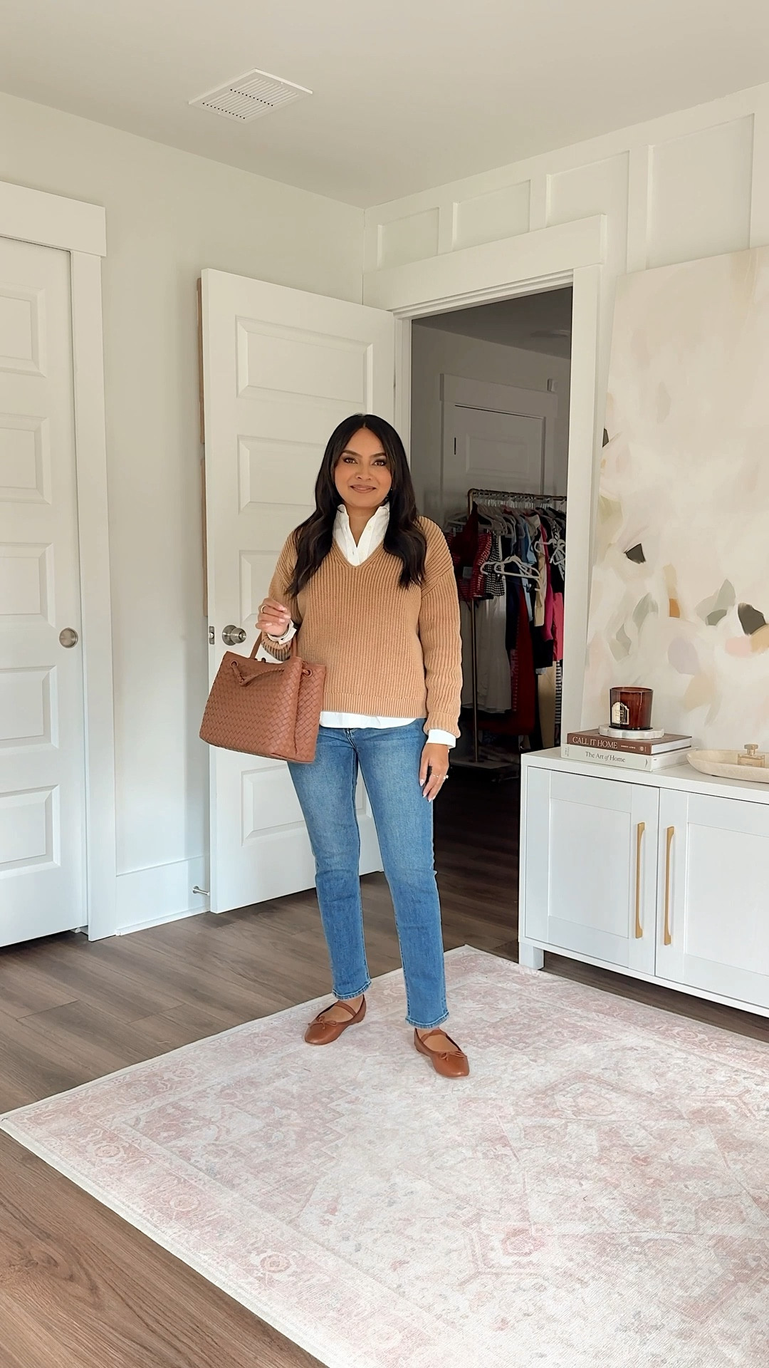 Camel tan v neck sweater size xs TTS
White button down size 0 petite TTS
Slim straight jeans size 26, 26” inseam in color seaside blue TTS
Brown Cognac flats size 5 TTS


#LTKStyleTip #LTKPetite #LTKFindsUnder100