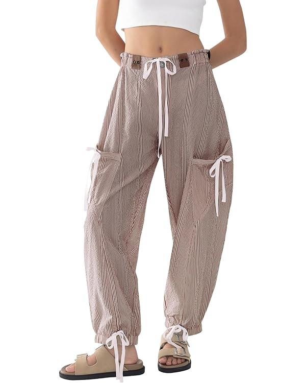 EZAPINE Women Striped Barrel Pants Drawstring Casual Baggy Boyfriend Y2K Streetwear Parachute Pan... | Amazon (US)