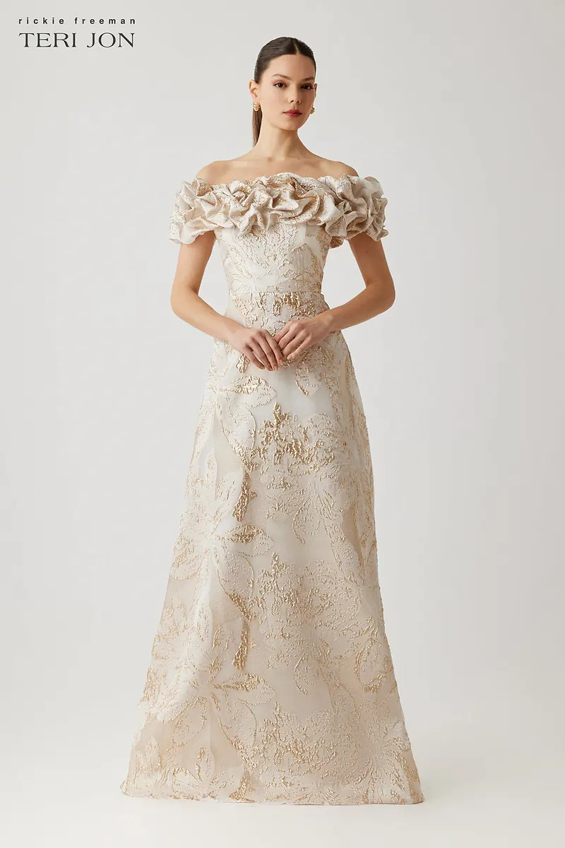 Metallic Jacquard Off The Shoulder Gown | TERI JON