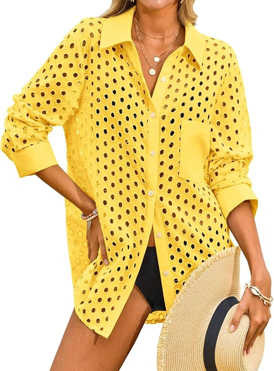 Fisoew Womens Hollow Out Swimsuit Coverup Shirt Button Down Bathing Suit Cover Ups Beachwear | Amazon (US)