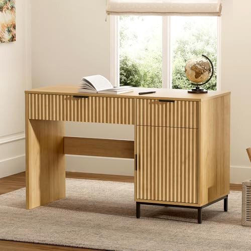 EYYTHUNG 47" Fluted Executive Desk, Modern Wood Home Office Desk with Charging Station, Drawer & Cabinet, Computer Writing Desk for Work Study, Natural Oak | Amazon (US)