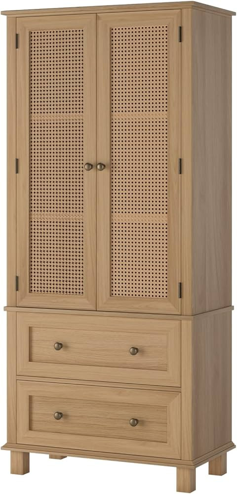 FOTOSOK Kitchen Pantry Storage Cabinet, Tall Cabinet with Rattan Doors and 2 Drawers, Freestandin... | Amazon (US)
