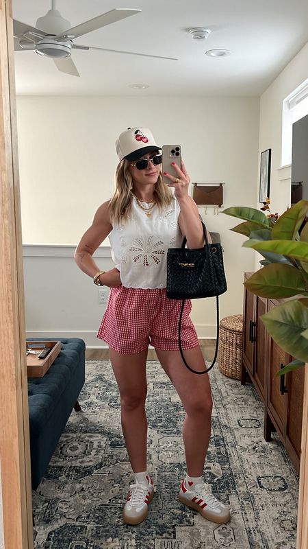 Todays fun ootd 🫶🏼 Cute spring outfits, spring fashion 2024, spring style 2024, red plaid boxer shorts, red boxer shorts, red adidas, red adidas Sambae, trucker hat outfits, cool girl style, cool girl outfits