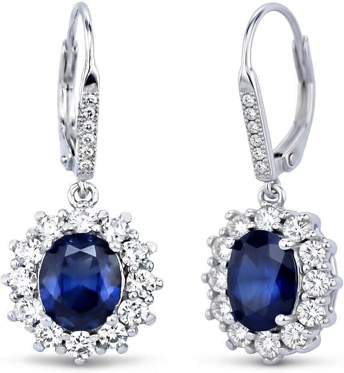Amy & Annette Blue Sapphire Earrings - 18k White Gold Plated Leverback Drop and Dangle Halo Earri... | Amazon (US)