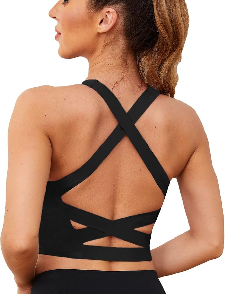 V Neck Sports Bras for Women Longline Wirefree Padded Camisole Yoga Bra Medium Support Workout Cr... | Amazon (US)