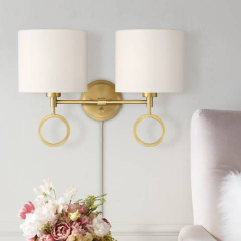 Amidon Antique Brass Drop Ring Plug-In 2-Light Wall Lamp | Lamps Plus