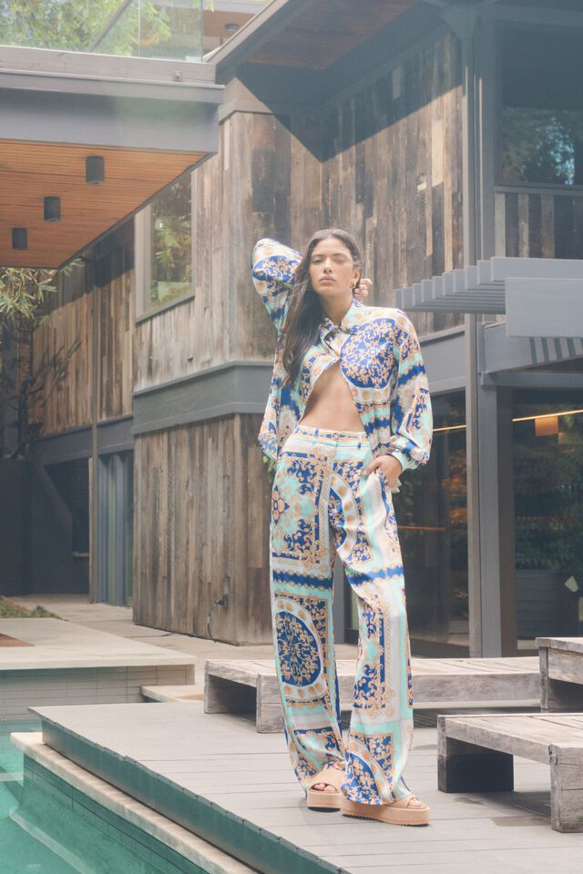 Printed Satin Wide Leg Pants | Dynamite Clothing