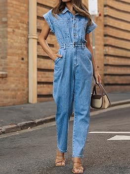 Tongmingyun Women's Cap Sleeve Denim Jumpsuit Button Down Straight Leg Jeans Long Pants Rompers w... | Amazon (US)