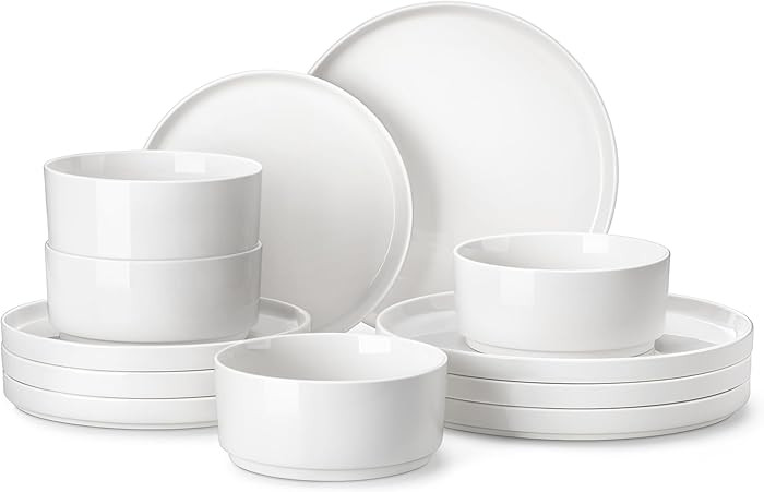 MALACASA 12 Pieces Porcelain Dinnerware Set, Modern White Dish Set for 4, Premium Serving Plates ... | Amazon (US)