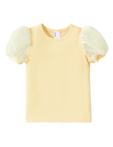 PATPAT Girls Puff Sleeve Shirt Size 9-10 Ribbed Short Sleeve Yellow Lace Shirt Girls Dress Blouse Cute Kids Clothes Smocked Blouse Tunic Tops | Amazon (US)