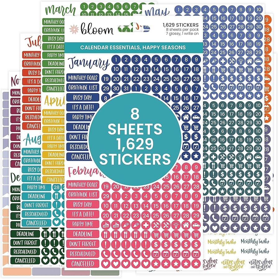 bloom daily planners Bright & Colorful Calendar Essentials Planner Stickers - 8 Sheets, 1629 Stic... | Amazon (US)