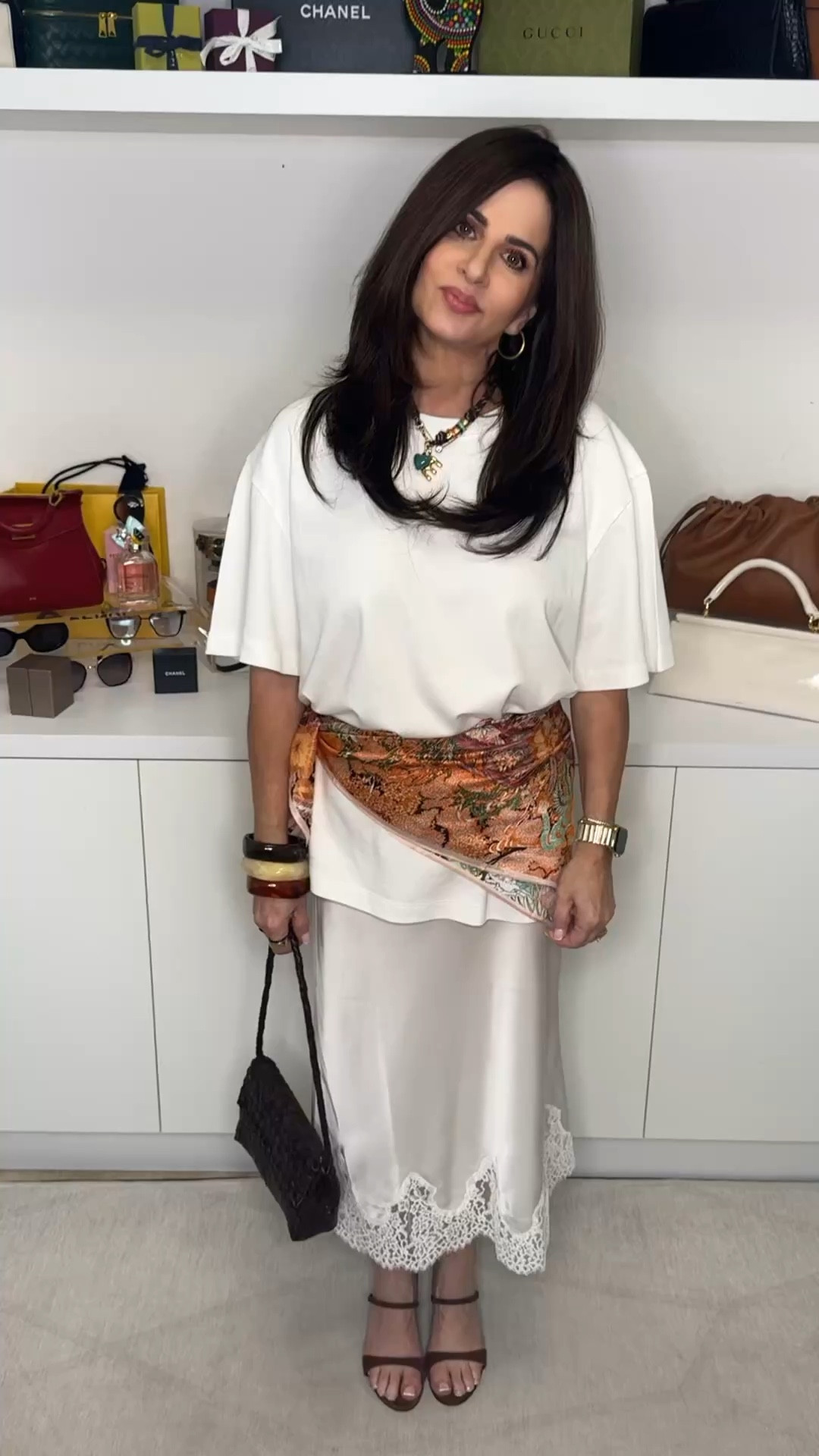 This look is a mix of different items but makes a nice look for dinner , coffee date . The out can be dressed up or down . Skirt XS , tee i sized up med , heels TTS , scarf is one size . #howtowearascarf 

#LTKootd #LTKOver40 #LTKPetite

#LTKPetite #LTKOver40 #LTKgrwm