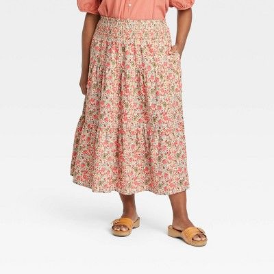 Women's High-Rise Tiered Midi A-Line Skirt - Universal Thread™ Coral Pink Floral | Target