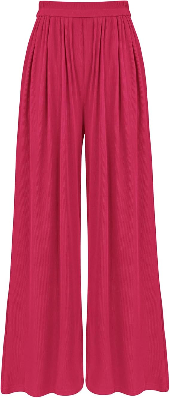 BTFBM Womens Casual Wide Leg Pants Summer Fall Clothes Pleated Elastic Waist Loose Palazzo Knit T... | Amazon (US)