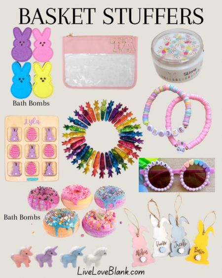 Easter basket stuffers 
Kids gift ideas 
Bath bombs
Personalized sunglasses 
Tic tac toe
Slime 

#LTKkids #LTKSeasonal #LTKGiftGuide
