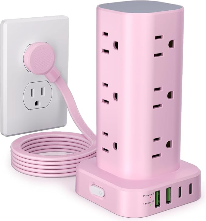 Power Strip Tower with Multiple Outlets, Flat Plug Surge Protector Tower Extension Cord with 12 A... | Amazon (US)