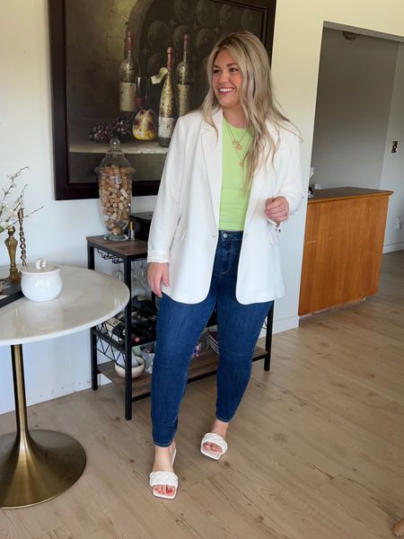 Fun brunch outfit! This green tank is the perfect pop of color. Tts, size up one if I’m between. Jeans have been on repeat! A little stretch with that true denim look. Tts. Blazer runs oversized. Sandals run tts. 

#LTKSeasonal #LTKunder50 #LTKFind