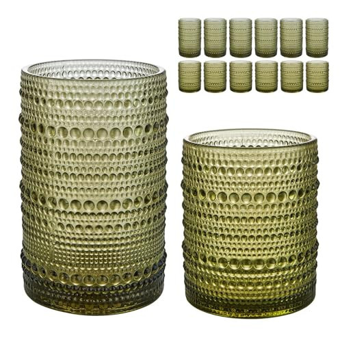 HomeVogue Vintage Hobnail Drinking Glasses Set of 12, 15 oz Highball Glasses & 12 oz Cocktail Glasses Set, Green Kitchen Water Glasses Cup, Bar Tumbler Glassware Set for Beer, Juice, Whiskey, Milk | Amazon (US)