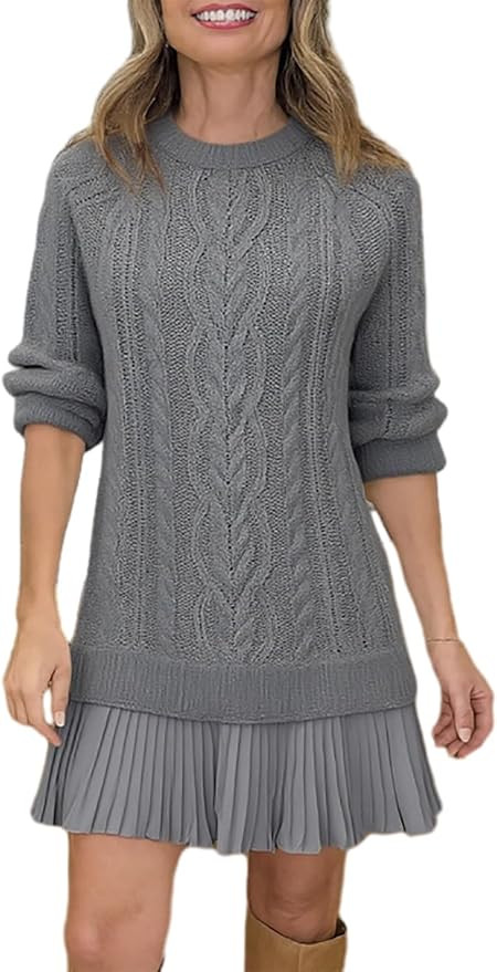 Long Sleeve Dress for Women 2025 New Crew Neck Cable Knit Sweater Dress Turtleneck Pleated Mini D... | Amazon (US)