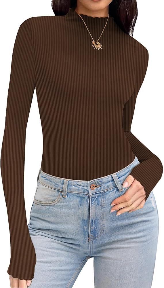 Ekouaer Thermal Turtleneck Shirt Women Ribbed Long Sleeve Mock Neck Tops Slim Fit Lettuce Trim Ba... | Amazon (US)