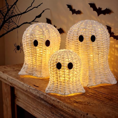 3 Pcs Woven Ghost Decor with LED String Lights 3 Sizes Handmade Rattan Halloween Ghosts Warm Whit... | Amazon (US)